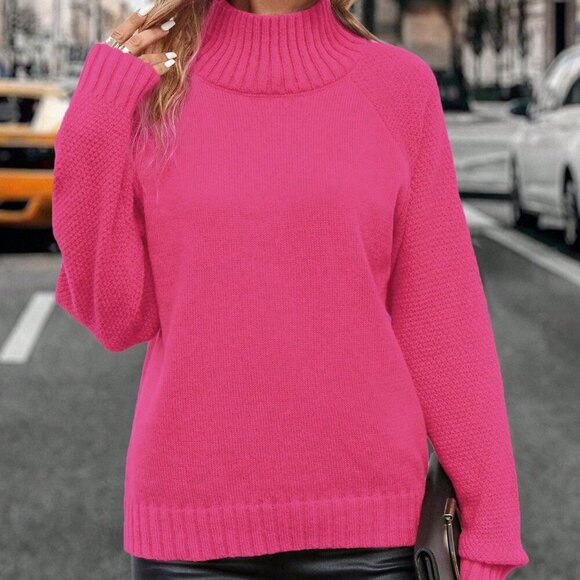 Hot Pink Casual Women's Stand Collar Raglan Sleeve Knit Pullover Sweater - Picture 3 of 8